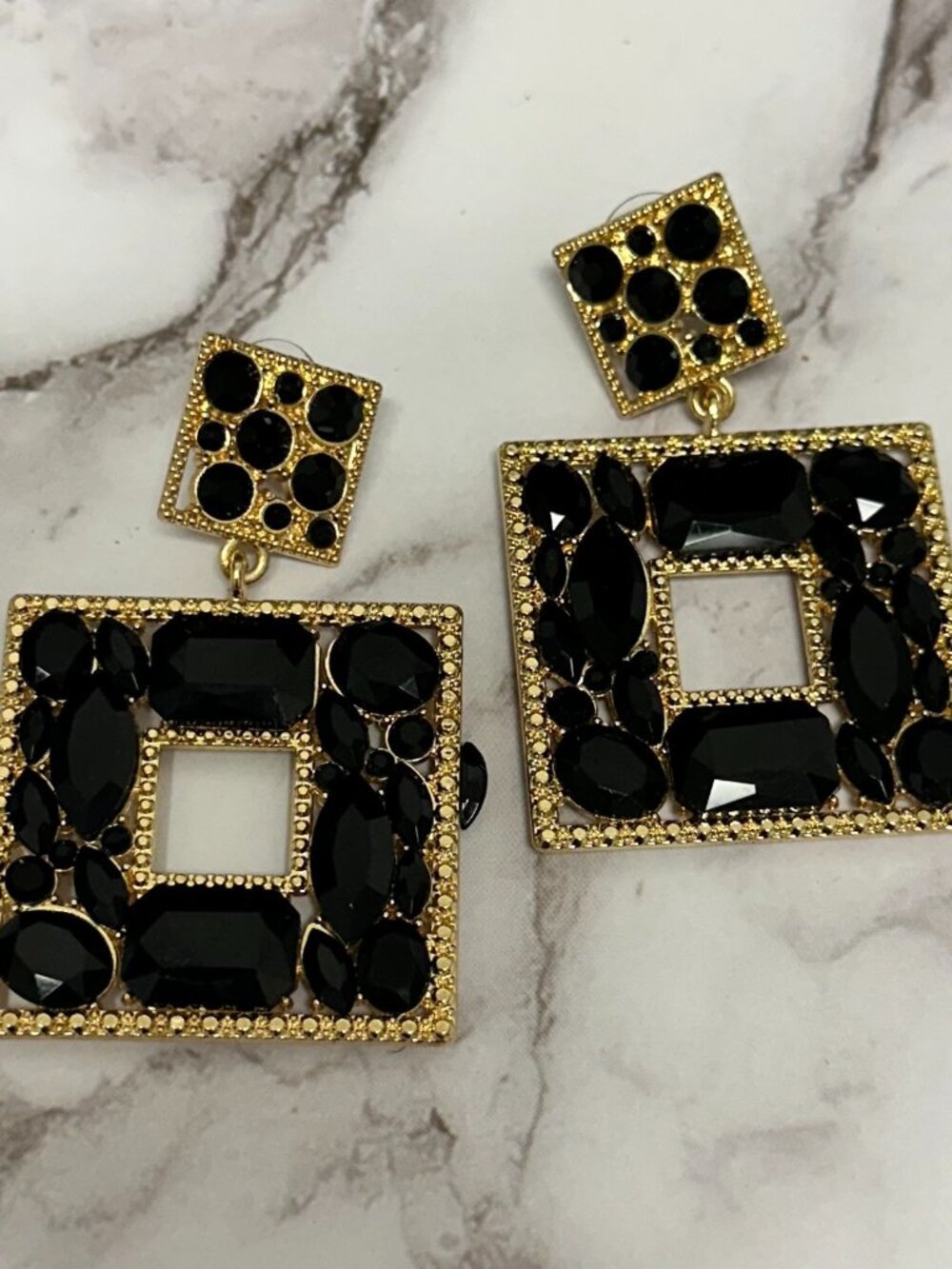 3/$30 Rhinestone Statement Earrings Gold Tone Black Geometric Square Dangle